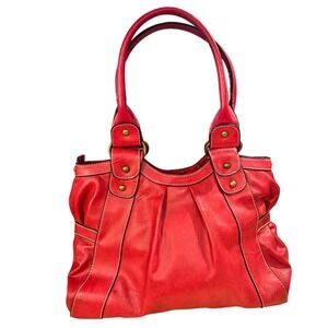 Red Faux Leather Shoulder Bag Hobo Style Studded Accent Large Vegan Bold
